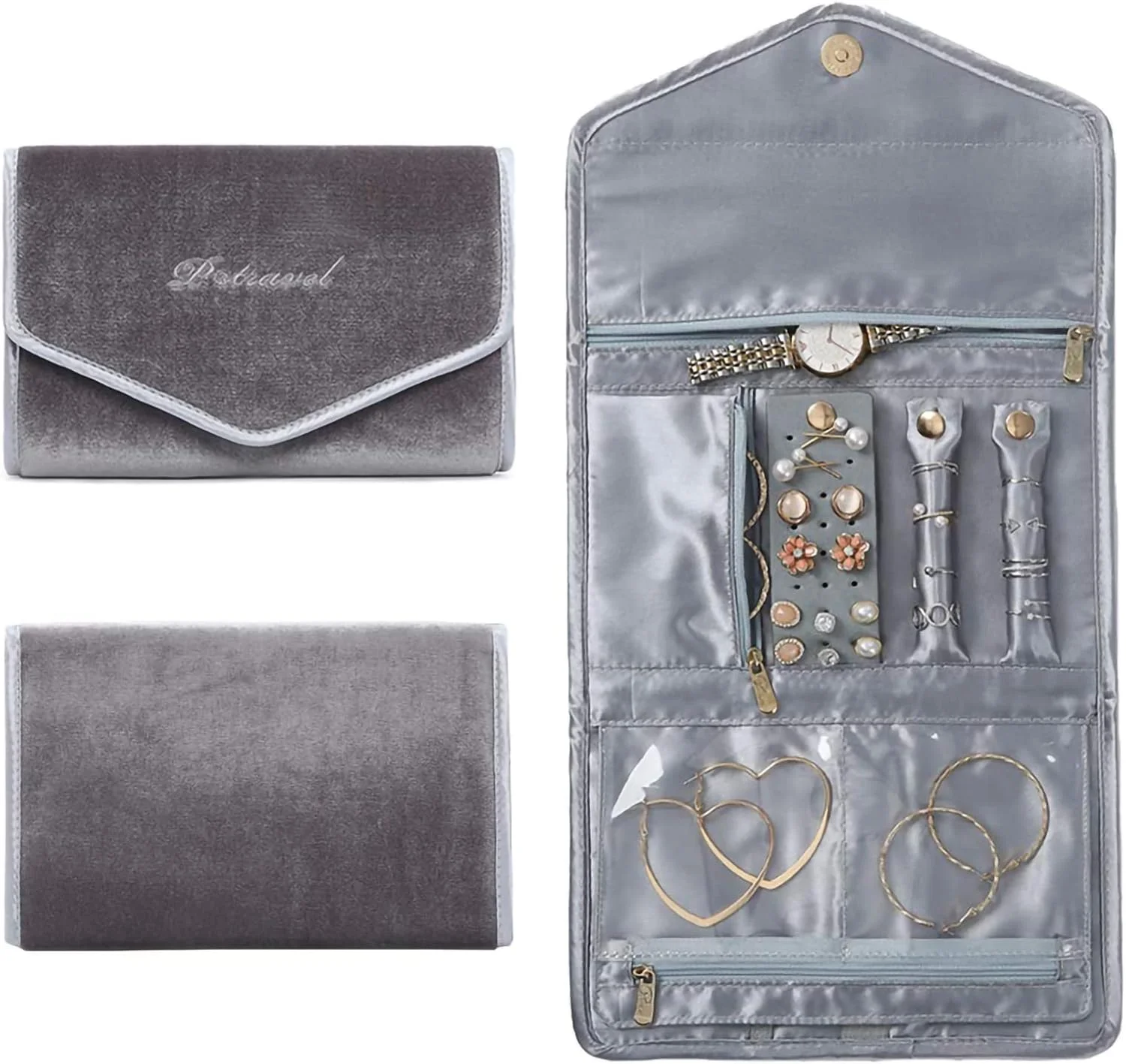 کیف رولی تاشو اکسفور برای نگهداری جواهرات، مناسب انگشتر، گردنبند، گوشواره، دستبند، ساعت و سنجاق سینه - خاکستری
