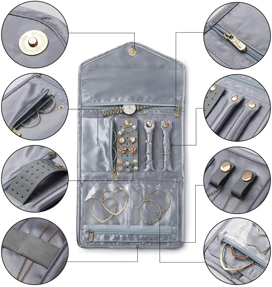 کیف رولی تاشو اکسفور برای نگهداری جواهرات، مناسب انگشتر، گردنبند، گوشواره، دستبند، ساعت و سنجاق سینه - خاکستری کیف رولی تاشو اکسفور برای نگهداری جواهرات، مناسب انگشتر، گردنبند، گوشواره، دستبند، ساعت و سنجاق سینه - خاکستری