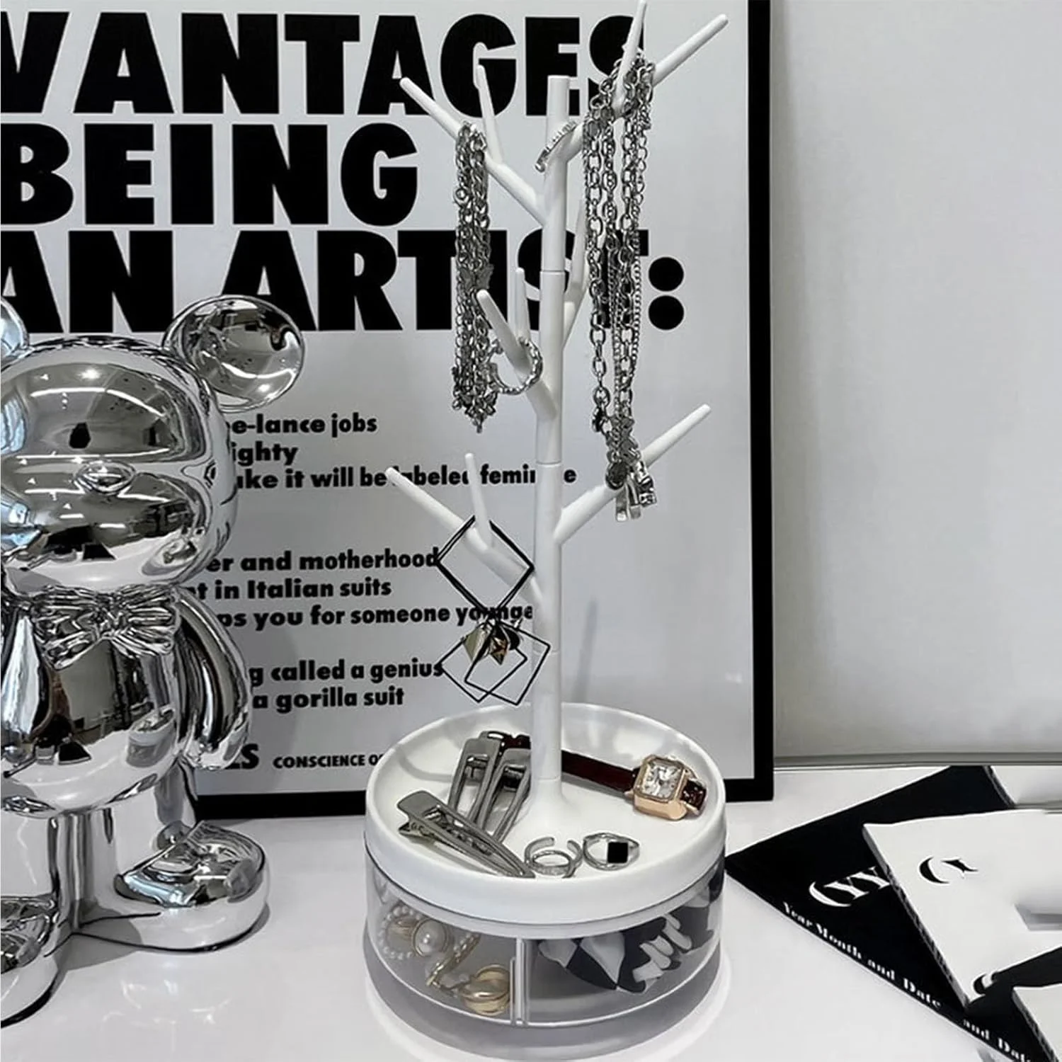 استند نمایش جواهرات Excefore با پایه چرخان و جعبه نگهداری، سازمان دهنده شاخه درختی برای انگشتر، گوشواره، گردنبند، دستبند و ساعت استند نمایش جواهرات Excefore با پایه چرخان و جعبه نگهداری، سازمان دهنده شاخه درختی برای انگشتر، گوشواره، گردنبند، دستبند و ساعت