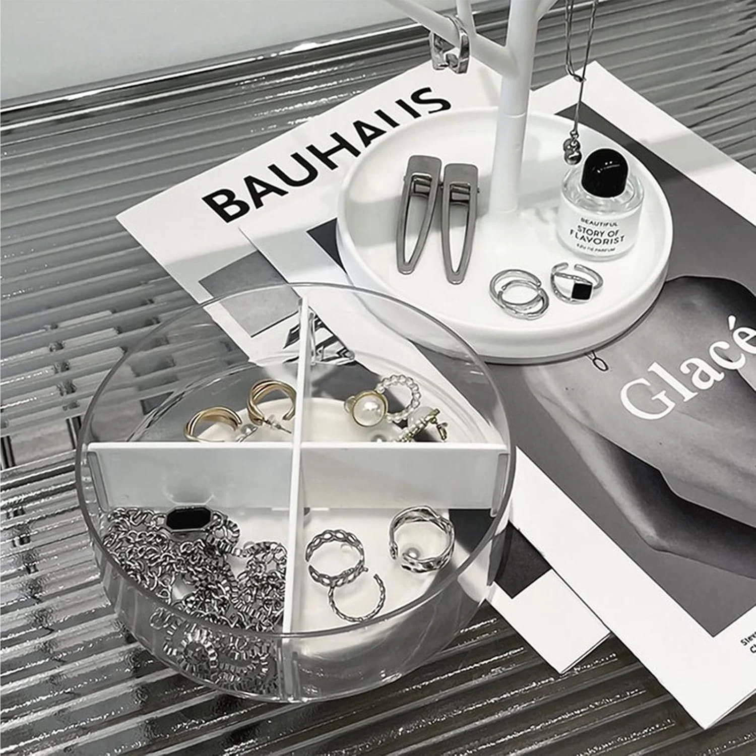 استند نمایش جواهرات Excefore با پایه چرخان و جعبه نگهداری، سازمان دهنده شاخه درختی برای انگشتر، گوشواره، گردنبند، دستبند و ساعت استند نمایش جواهرات Excefore با پایه چرخان و جعبه نگهداری، سازمان دهنده شاخه درختی برای انگشتر، گوشواره، گردنبند، دستبند و ساعت