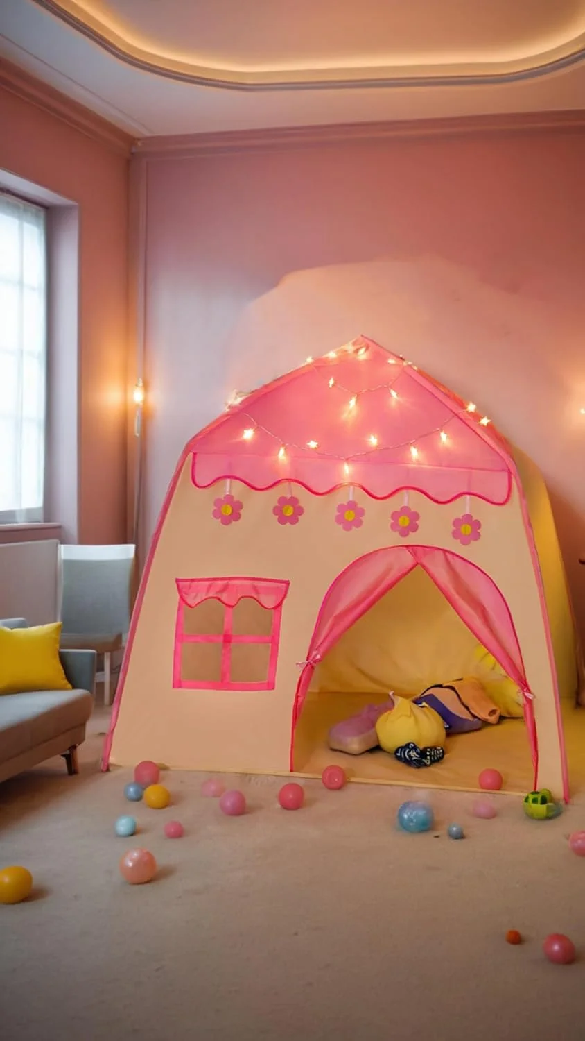 چادر بازی قلعه صورتی جذاب Sweet seven برای کودکان به همراه چراغ های ستاره ای - خانه بازی داخلی و خارجی برای پسران و دختران - 51"x40" - پارچه آکسفورد 210D بادوام چادر بازی قلعه صورتی جذاب Sweet seven برای کودکان به همراه چراغ های ستاره ای - خانه بازی داخلی و خارجی برای پسران و دختران - 51"x40" - پارچه آکسفورد 210D بادوام