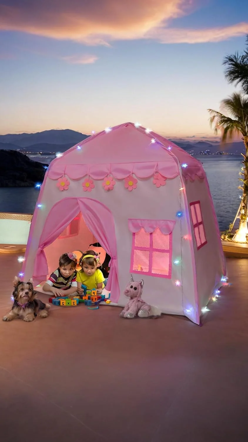 چادر بازی قلعه صورتی جذاب Sweet seven برای کودکان به همراه چراغ های ستاره ای - خانه بازی داخلی و خارجی برای پسران و دختران - 51"x40" - پارچه آکسفورد 210D بادوام چادر بازی قلعه صورتی جذاب Sweet seven برای کودکان به همراه چراغ های ستاره ای - خانه بازی داخلی و خارجی برای پسران و دختران - 51"x40" - پارچه آکسفورد 210D بادوام