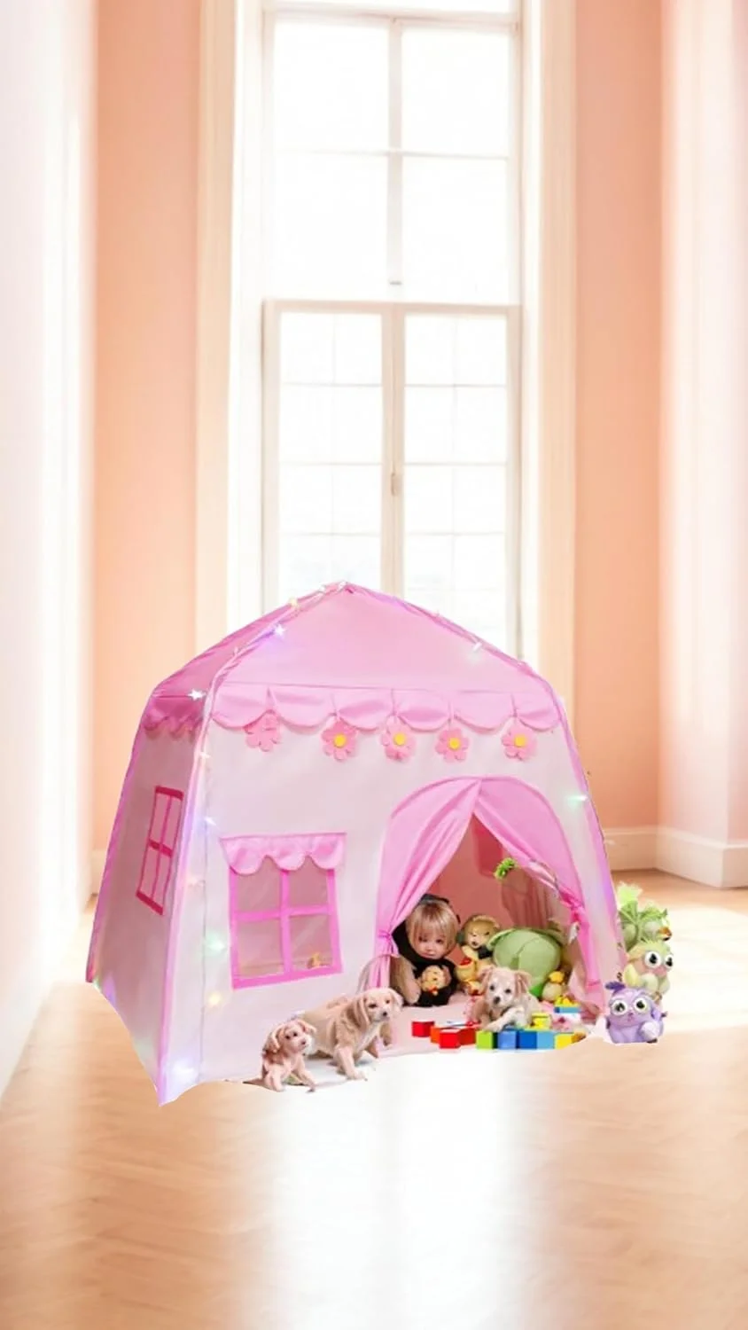 چادر بازی قلعه صورتی جذاب Sweet seven برای کودکان به همراه چراغ های ستاره ای - خانه بازی داخلی و خارجی برای پسران و دختران - 51"x40" - پارچه آکسفورد 210D بادوام چادر بازی قلعه صورتی جذاب Sweet seven برای کودکان به همراه چراغ های ستاره ای - خانه بازی داخلی و خارجی برای پسران و دختران - 51"x40" - پارچه آکسفورد 210D بادوام