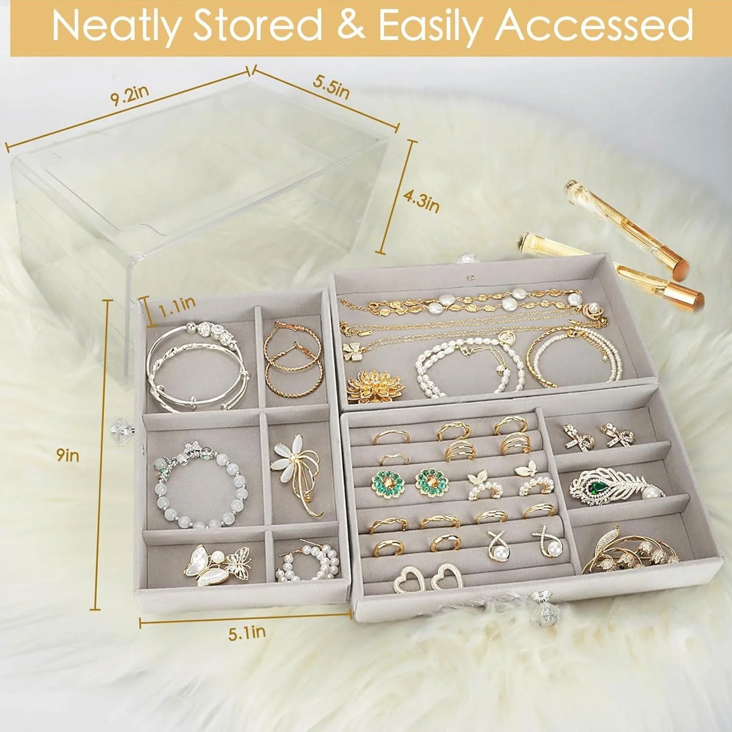 جعبه جواهرات 3 لایه شیک Excefore با پوشش ضد گرد و غبار - 3 کشو برای گوشواره، انگشتر، گردنبند، دستبند و عینک آفتابی، هدیه ایده آل برای زنان و دختران جعبه جواهرات 3 لایه شیک Excefore با پوشش ضد گرد و غبار - 3 کشو برای گوشواره، انگشتر، گردنبند، دستبند و عینک آفتابی، هدیه ایده آل برای زنان و دختران