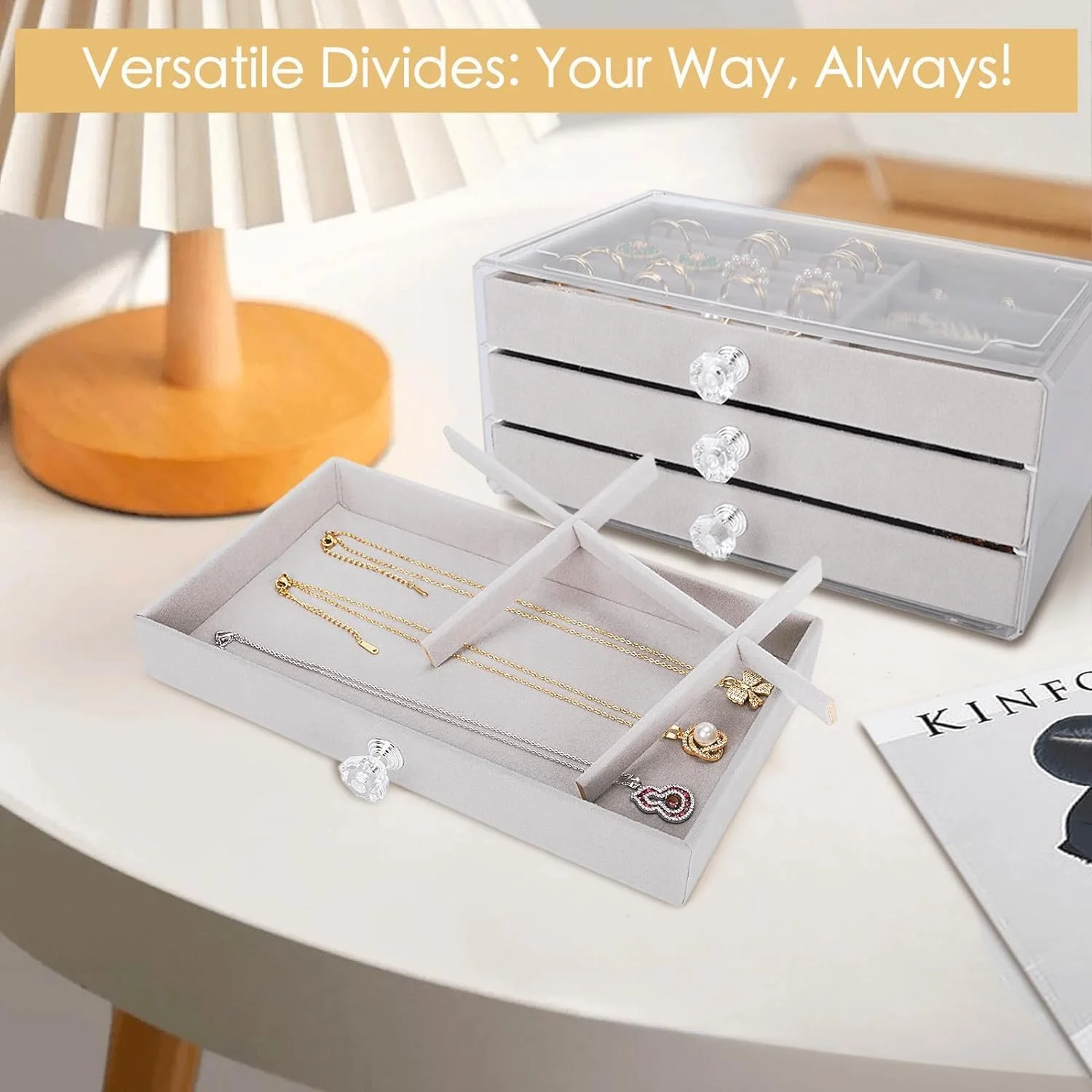 جعبه جواهرات 3 لایه شیک Excefore با پوشش ضد گرد و غبار - 3 کشو برای گوشواره، انگشتر، گردنبند، دستبند و عینک آفتابی، هدیه ایده آل برای زنان و دختران جعبه جواهرات 3 لایه شیک Excefore با پوشش ضد گرد و غبار - 3 کشو برای گوشواره، انگشتر، گردنبند، دستبند و عینک آفتابی، هدیه ایده آل برای زنان و دختران