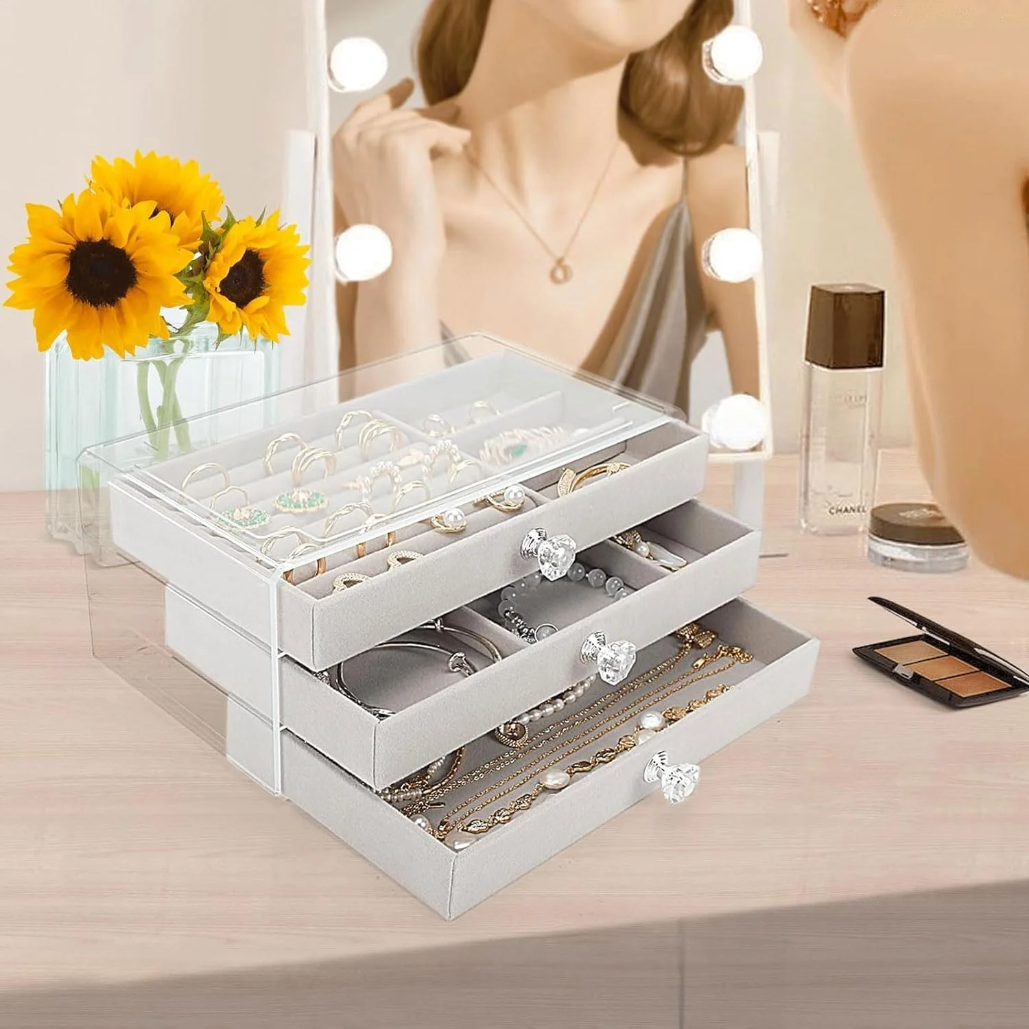 جعبه جواهرات 3 لایه شیک Excefore با پوشش ضد گرد و غبار - 3 کشو برای گوشواره، انگشتر، گردنبند، دستبند و عینک آفتابی، هدیه ایده آل برای زنان و دختران جعبه جواهرات 3 لایه شیک Excefore با پوشش ضد گرد و غبار - 3 کشو برای گوشواره، انگشتر، گردنبند، دستبند و عینک آفتابی، هدیه ایده آل برای زنان و دختران