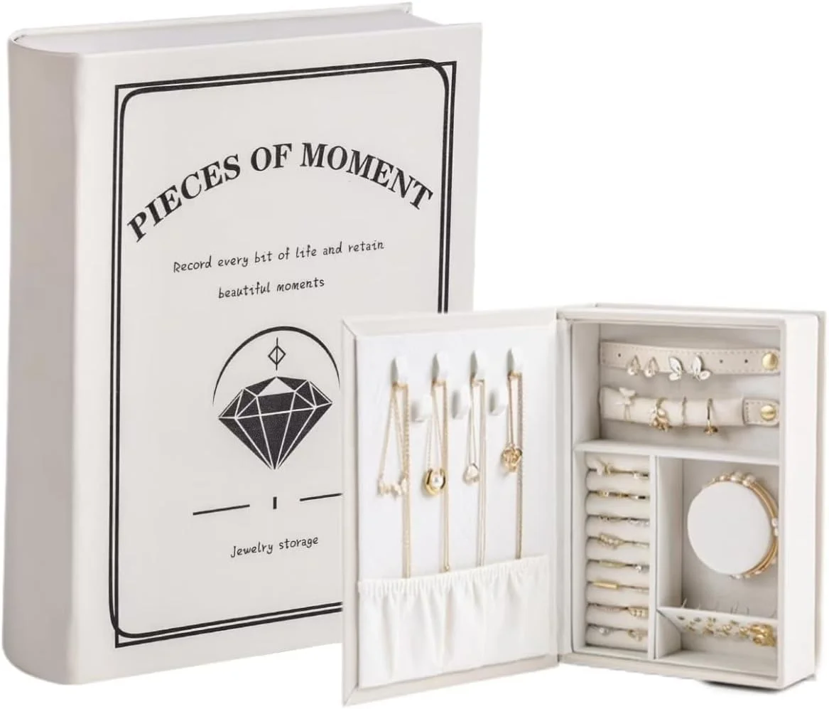 جعبه کتابی نظم دهنده جواهرات، جعبه نگهداری جواهرات مسافرتی چرمی PU با بست مغناطیسی، نگهداری دو طرفه برای گوشواره، گردنبند، انگشتر و دستبند، جمع و جور، هدیه لوکس برای زنان (سفید)