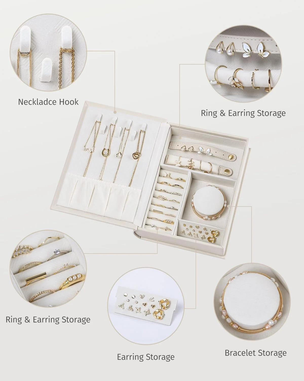 جعبه کتابی نظم دهنده جواهرات، جعبه نگهداری جواهرات مسافرتی چرمی PU با بست مغناطیسی، نگهداری دو طرفه برای گوشواره، گردنبند، انگشتر و دستبند، جمع و جور، هدیه لوکس برای زنان (سفید) جعبه کتابی نظم دهنده جواهرات، جعبه نگهداری جواهرات مسافرتی چرمی PU با بست مغناطیسی، نگهداری دو طرفه برای گوشواره، گردنبند، انگشتر و دستبند، جمع و جور، هدیه لوکس برای زنان (سفید)