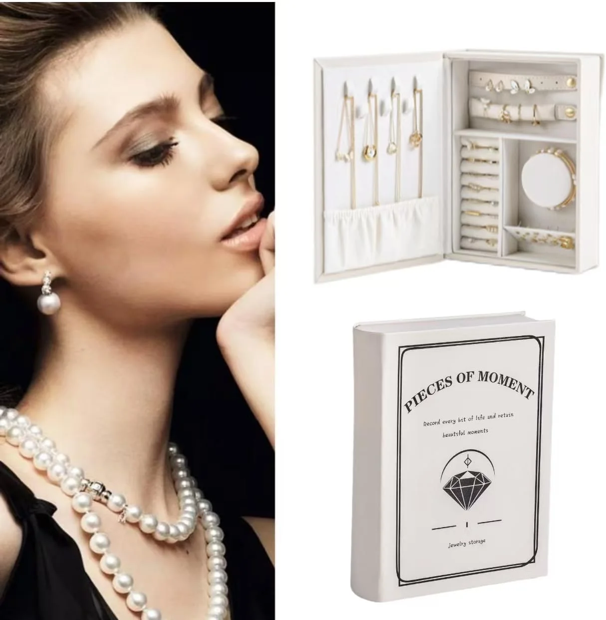 جعبه کتابی نظم دهنده جواهرات، جعبه نگهداری جواهرات مسافرتی چرمی PU با بست مغناطیسی، نگهداری دو طرفه برای گوشواره، گردنبند، انگشتر و دستبند، جمع و جور، هدیه لوکس برای زنان (سفید) جعبه کتابی نظم دهنده جواهرات، جعبه نگهداری جواهرات مسافرتی چرمی PU با بست مغناطیسی، نگهداری دو طرفه برای گوشواره، گردنبند، انگشتر و دستبند، جمع و جور، هدیه لوکس برای زنان (سفید)