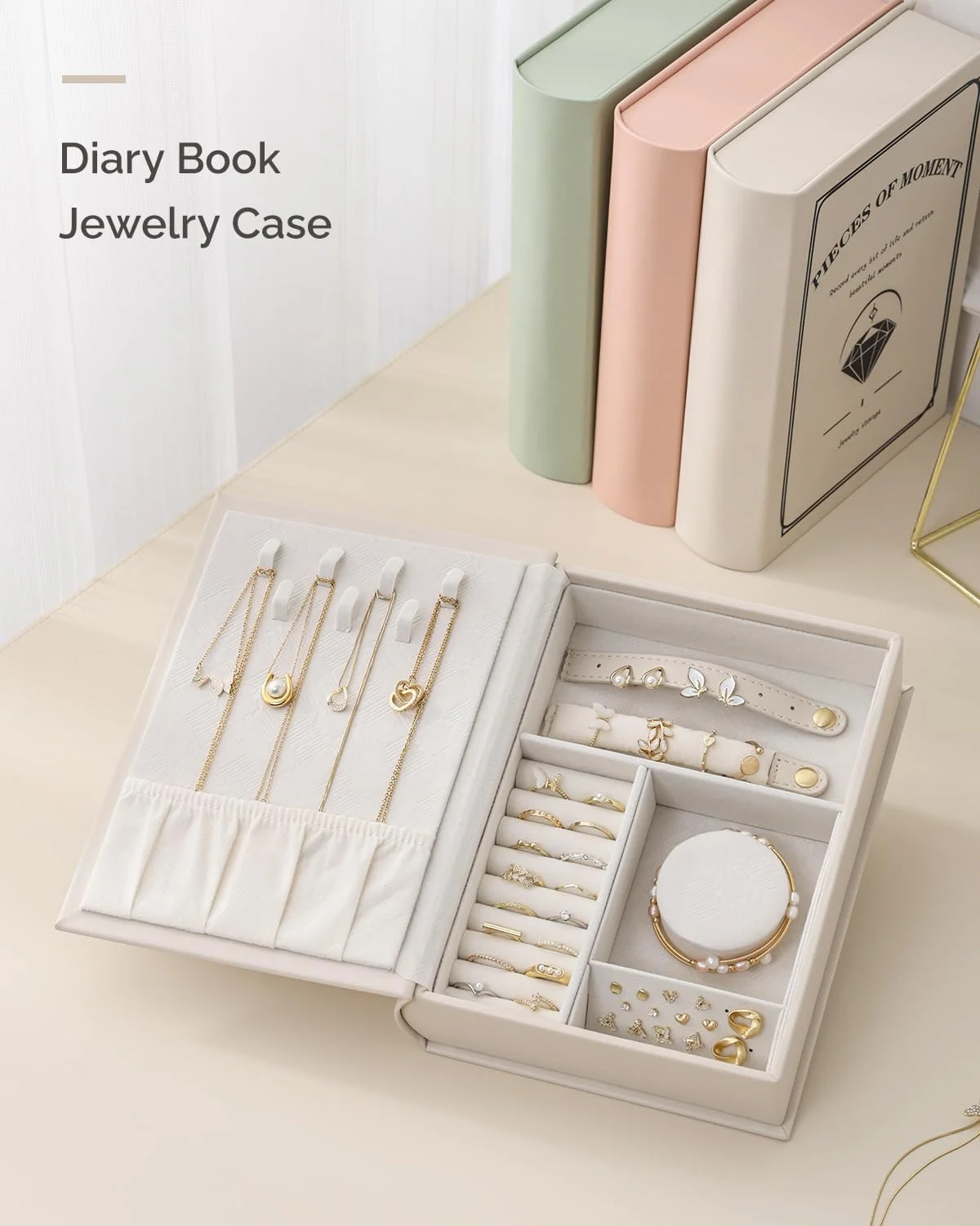 جعبه کتابی نظم دهنده جواهرات، جعبه نگهداری جواهرات مسافرتی چرمی PU با بست مغناطیسی، نگهداری دو طرفه برای گوشواره، گردنبند، انگشتر و دستبند، جمع و جور، هدیه لوکس برای زنان (سفید) جعبه کتابی نظم دهنده جواهرات، جعبه نگهداری جواهرات مسافرتی چرمی PU با بست مغناطیسی، نگهداری دو طرفه برای گوشواره، گردنبند، انگشتر و دستبند، جمع و جور، هدیه لوکس برای زنان (سفید)