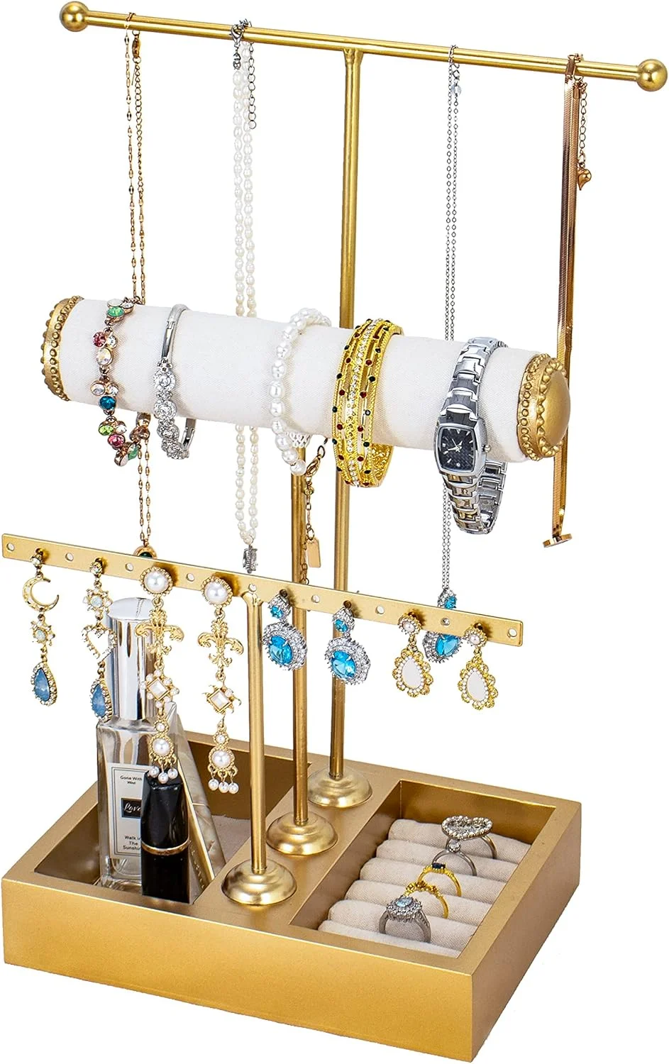 استند جواهرات اکسفور، نگهدارنده جواهرات 3 طبقه T شکل، نگهدارنده گردنبند، نگهدارنده گوشواره، دستبند، ساعت، حلقه، طلایی