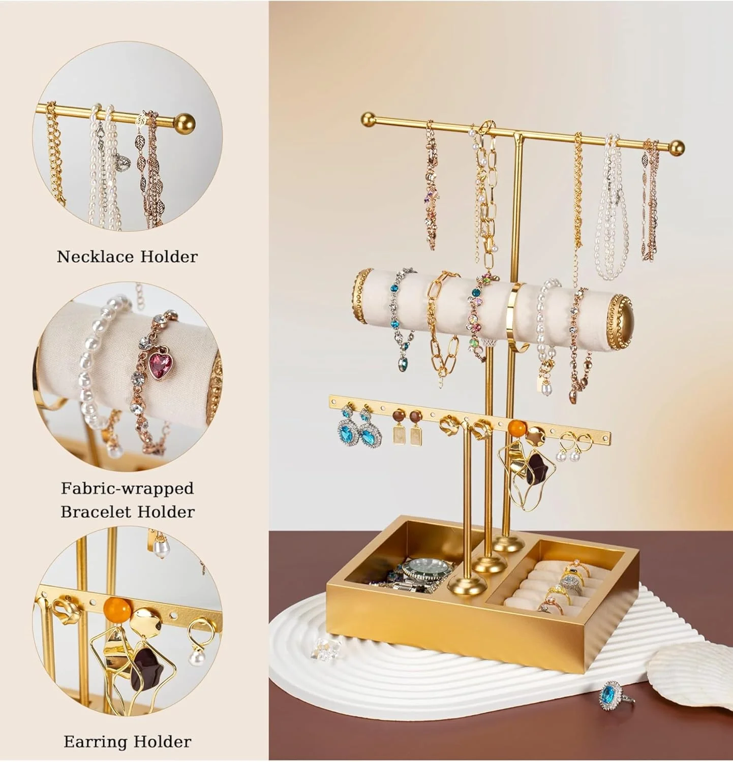 استند جواهرات اکسفور، نگهدارنده جواهرات 3 طبقه T شکل، نگهدارنده گردنبند، نگهدارنده گوشواره، دستبند، ساعت، حلقه، طلایی استند جواهرات اکسفور، نگهدارنده جواهرات 3 طبقه T شکل، نگهدارنده گردنبند، نگهدارنده گوشواره، دستبند، ساعت، حلقه، طلایی