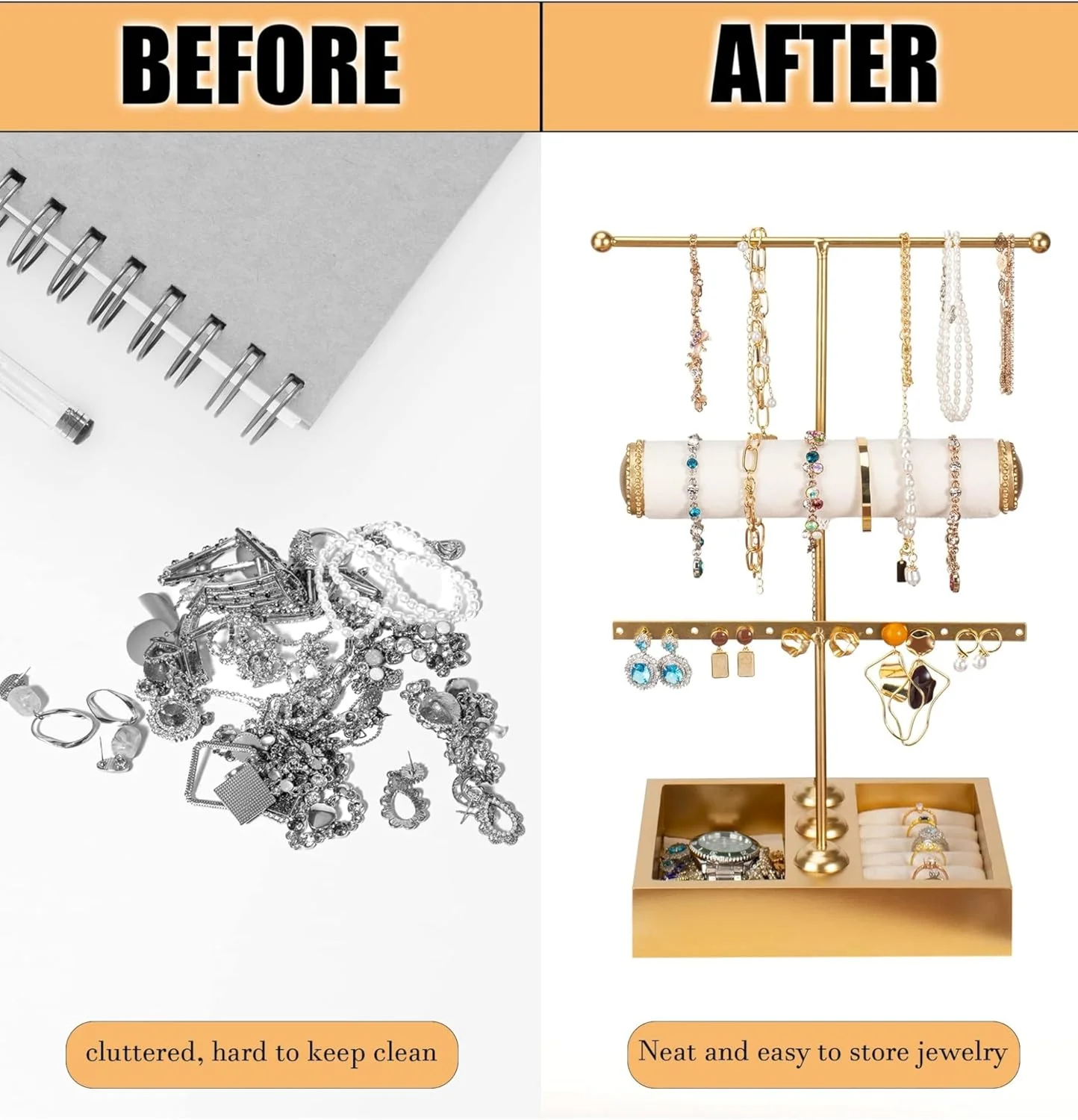 استند جواهرات اکسفور، نگهدارنده جواهرات 3 طبقه T شکل، نگهدارنده گردنبند، نگهدارنده گوشواره، دستبند، ساعت، حلقه، طلایی استند جواهرات اکسفور، نگهدارنده جواهرات 3 طبقه T شکل، نگهدارنده گردنبند، نگهدارنده گوشواره، دستبند، ساعت، حلقه، طلایی