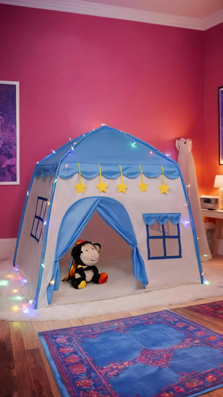 چادر بازی قلعه آبی جذاب Sweet Seven برای کودکان به همراه چراغ های ستاره ای - خانه بازی داخلی و خارجی برای پسران و دختران - 51"x40" - پارچه آکسفورد 210D بادوام چادر بازی قلعه آبی جذاب Sweet Seven برای کودکان به همراه چراغ های ستاره ای - خانه بازی داخلی و خارجی برای پسران و دختران - 51"x40" - پارچه آکسفورد 210D بادوام