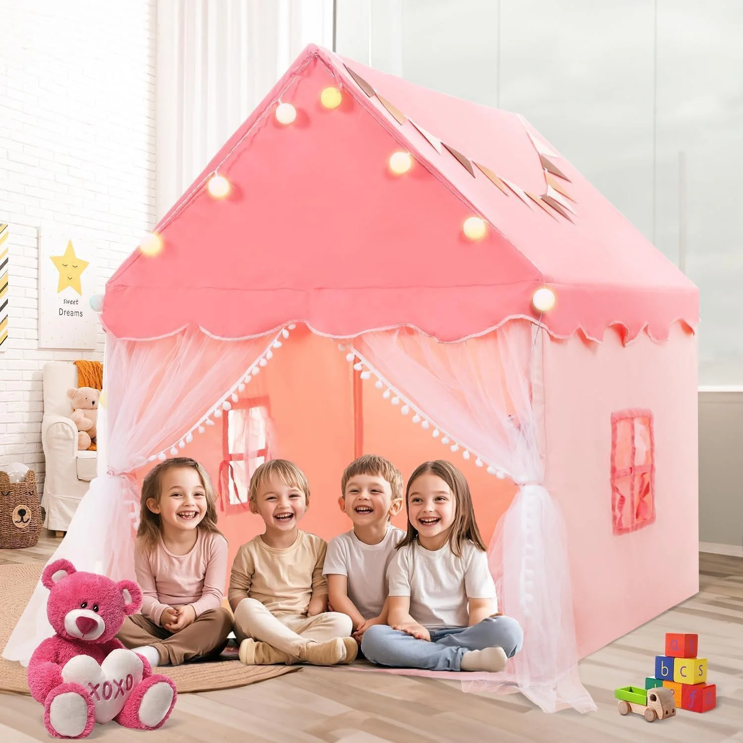 چادرهای بازی کودکان Supreouts برای دختران، خانه بازی بزرگ پریان برای کودکان، قلعه پرنسس چادر صورتی اسباب بازی هدیه با تشک بالشتکی، لامپ توپی و پرچم های رنگارنگ برای کودکان نوپا، خانه بازی چادر تختخواب سرپوشیده چادرهای بازی کودکان Supreouts برای دختران، خانه بازی بزرگ پریان برای کودکان، قلعه پرنسس چادر صورتی اسباب بازی هدیه با تشک بالشتکی، لامپ توپی و پرچم های رنگارنگ برای کودکان نوپا، خانه بازی چادر تختخواب سرپوشیده