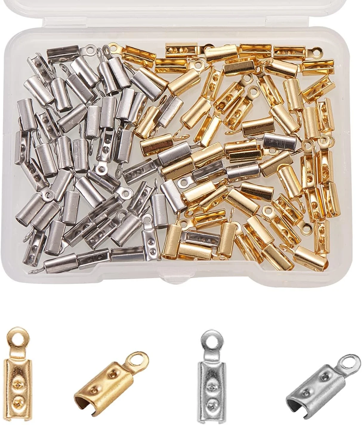 اتصالات تاشو Excefore، 100 عدد، 2 رنگ، استیل ضد زنگ 304، مناسب برای انتهای بند، منگوله، روبان چرمی، گردنبند و لوازم جانبی جواهرات