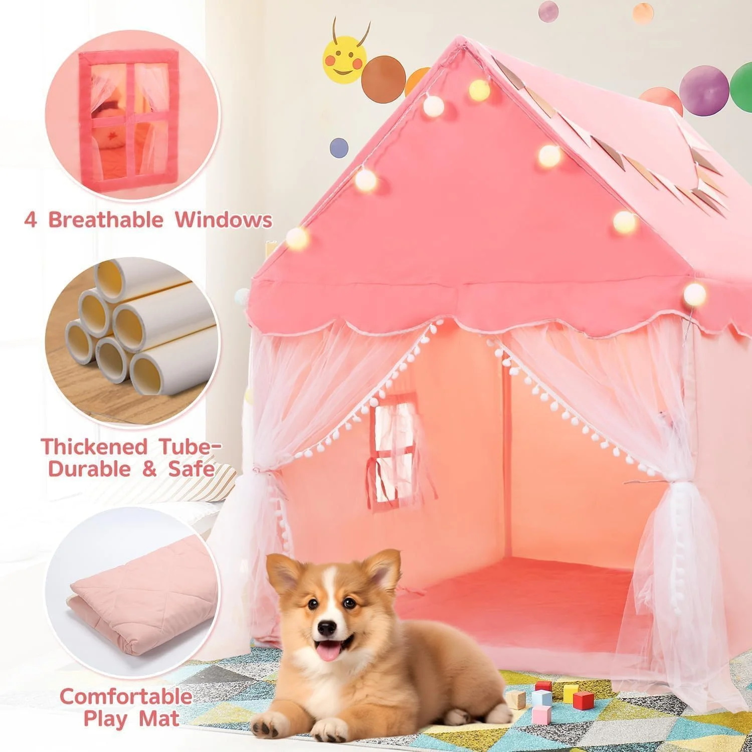 چادرهای بازی کودکان Supreouts برای دختران، خانه بازی بزرگ پریان برای کودکان، قلعه پرنسس چادر صورتی اسباب بازی هدیه با تشک بالشتکی، لامپ توپی و پرچم های رنگارنگ برای کودکان نوپا، خانه بازی چادر تختخواب سرپوشیده