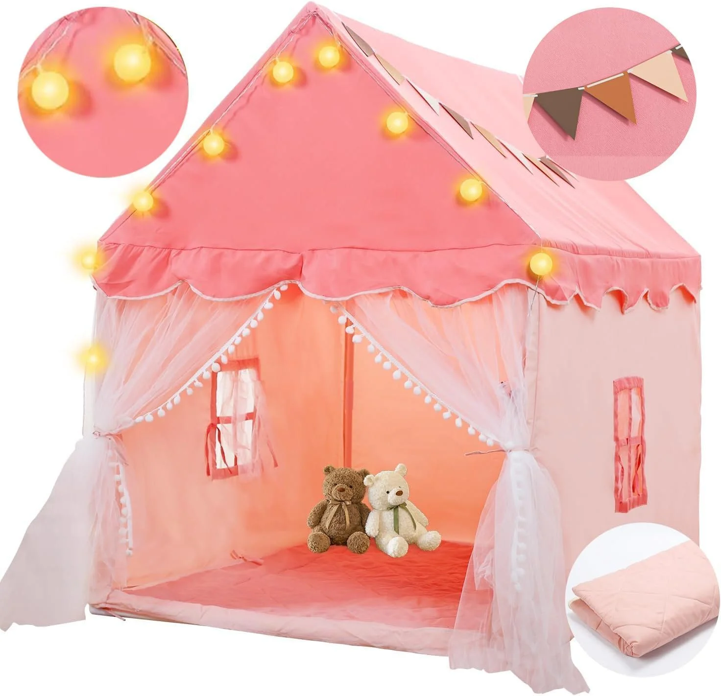 چادرهای بازی کودکان Supreouts برای دختران، خانه بازی بزرگ پریان برای کودکان، قلعه پرنسس چادر صورتی اسباب بازی هدیه با تشک بالشتکی، لامپ توپی و پرچم های رنگارنگ برای کودکان نوپا، خانه بازی چادر تختخواب سرپوشیده