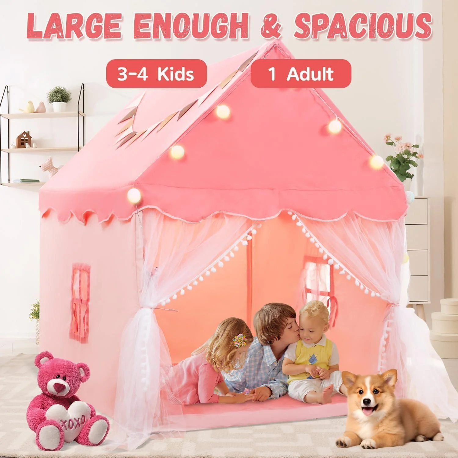 چادرهای بازی کودکان Supreouts برای دختران، خانه بازی بزرگ پریان برای کودکان، قلعه پرنسس چادر صورتی اسباب بازی هدیه با تشک بالشتکی، لامپ توپی و پرچم های رنگارنگ برای کودکان نوپا، خانه بازی چادر تختخواب سرپوشیده