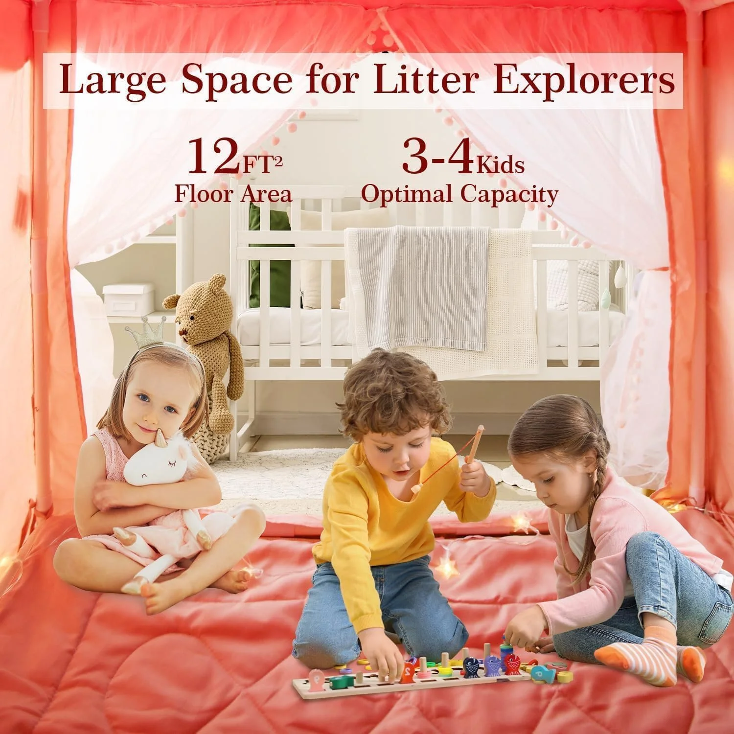 چادرهای بازی کودکان Supreouts برای دختران، خانه بازی بزرگ پریان برای کودکان، قلعه پرنسس چادر صورتی اسباب بازی هدیه با تشک بالشتکی، لامپ توپی و پرچم های رنگارنگ برای کودکان نوپا، خانه بازی چادر تختخواب سرپوشیده