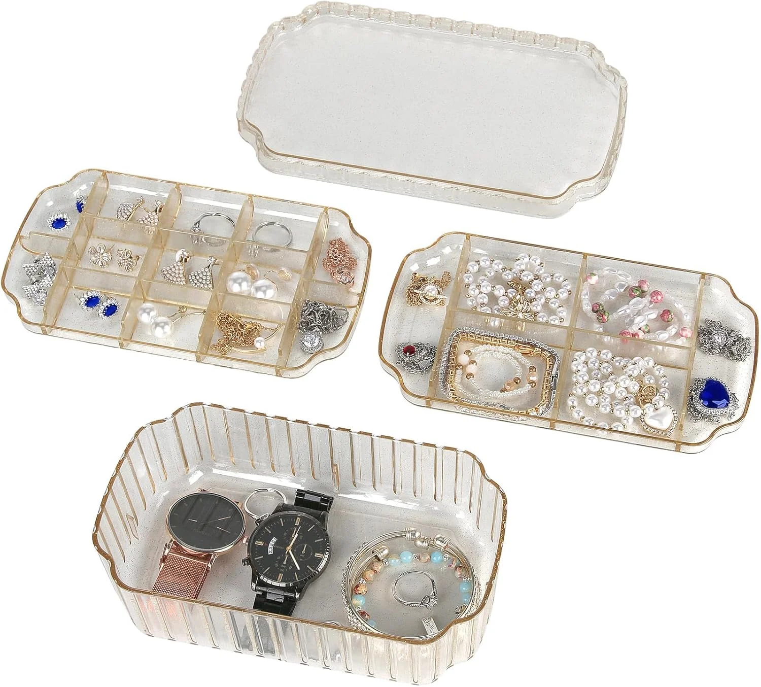 جعبه جواهرات 3 لایه Excefore، جعبه جواهرات مسافرتی، ظروف نگهداری پلاستیکی شفاف، جعبه جواهرات کوچک قابل حمل برای گوشواره، انگشتر، گردنبند، دستبند، کاردستی، طلایی