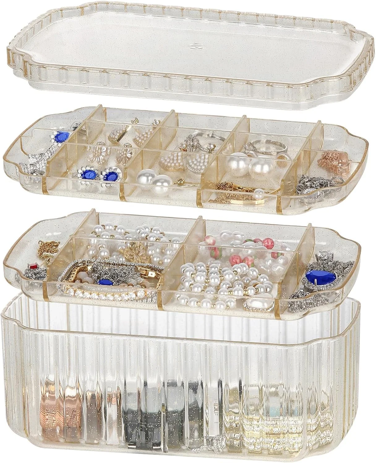 جعبه جواهرات 3 لایه Excefore، جعبه جواهرات مسافرتی، ظروف نگهداری پلاستیکی شفاف، جعبه جواهرات کوچک قابل حمل برای گوشواره، انگشتر، گردنبند، دستبند، کاردستی، طلایی