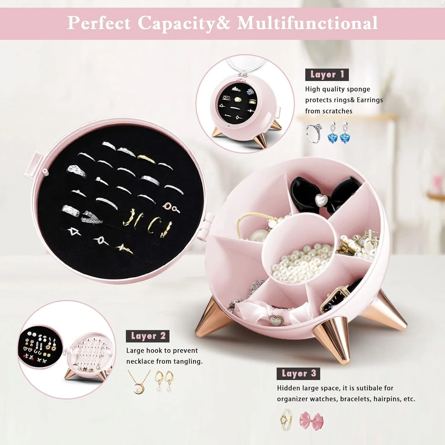 جعبه جواهرات اکسفور برای دختران، جعبه سازمان دهنده جواهرات 3 لایه برای نوجوانان، جعبه نگهداری گوشواره گردنبند انگشتر، هدیه برای دختران کوچک (صورتی)