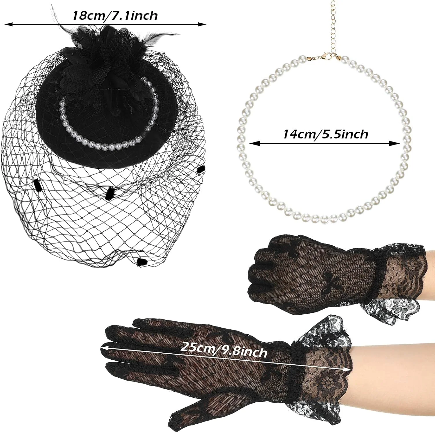 اکسفور کلاه فانتزی زنانه، هدبند مناسب مهمانی چای با دستکش توری کوتاه و گردنبند مروارید برای مهمانی چای و عروسی