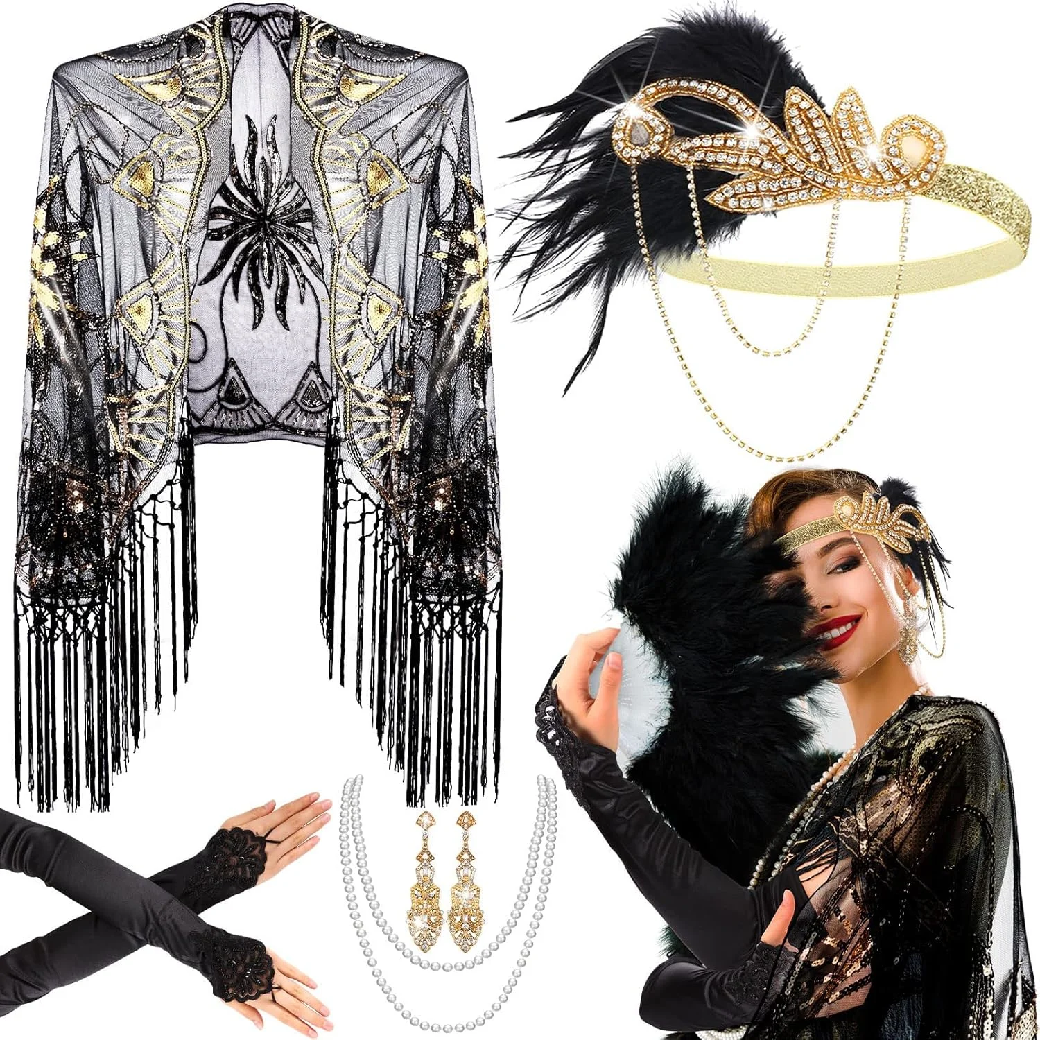 ست اکسسوری دهه 1920 Excefore، ست مهمانی هالووین، هدبند پردار فلیپر، گردنبند مروارید، گوشواره های نگین دار، دستکش، شال شنل مجلسی ریشه دار، اکسسوری های دهه 20 برای زنان و دختران
