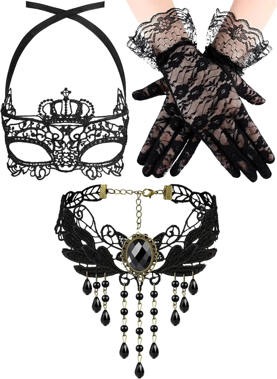 ست لباس بالماسکه Excefore - ماسک ونیزی، گردنبند چوکر توری مشکی و دستکش های طرح دار زنانه