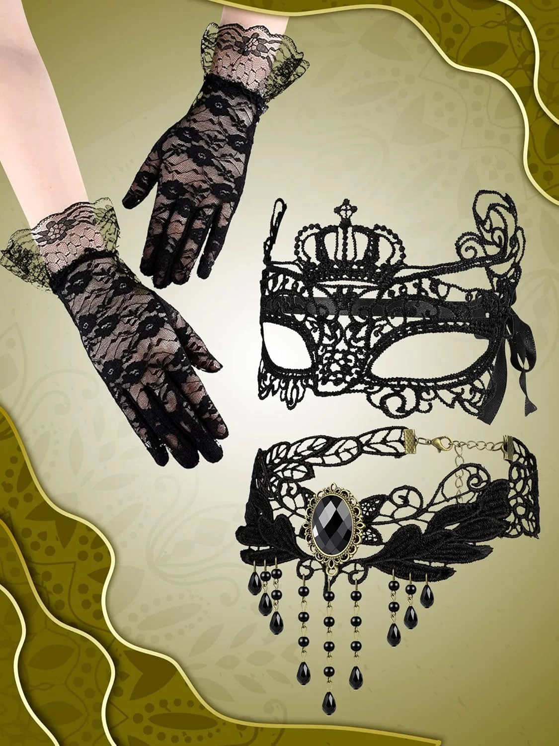 ست لباس بالماسکه Excefore - ماسک ونیزی، گردنبند چوکر توری مشکی و دستکش های طرح دار زنانه ست لباس بالماسکه Excefore - ماسک ونیزی، گردنبند چوکر توری مشکی و دستکش های طرح دار زنانه