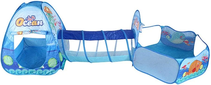 چادر بازی کودک TKAS به همراه تونل خزیدن و استخر توپ با حلقه بسکتبال، مناسب فضای داخلی و خارجی، طرح قلعه اقیانوسی آبی چادر بازی کودک TKAS به همراه تونل خزیدن و استخر توپ با حلقه بسکتبال، مناسب فضای داخلی و خارجی، طرح قلعه اقیانوسی آبی