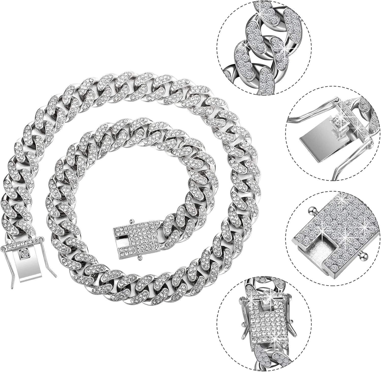 ست گردنبند و دستبند Excefore، 2 تکه (8 و 18 اینچ) گردنبند زنجیره ای با حلقه های سنگین و قوی، زنجیر گردنبند براق، زنجیر حلقه ای کوبایی برای هدیه مردانه زنانه دخترانه