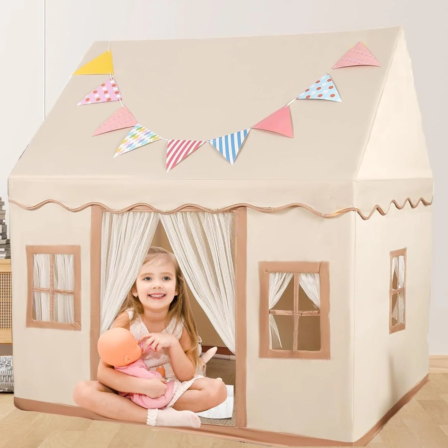 چادر بازی بزرگ کودکان QUEENADA مناسب فضای داخلی و خارجی - چادر بازی کودکان برای دختران و پسران، مناسب فضای داخلی و خارجی، خانه بازی با پنجره، قابل شستشو (بژ) چادر بازی بزرگ کودکان QUEENADA مناسب فضای داخلی و خارجی - چادر بازی کودکان برای دختران و پسران، مناسب فضای داخلی و خارجی، خانه بازی با پنجره، قابل شستشو (بژ)