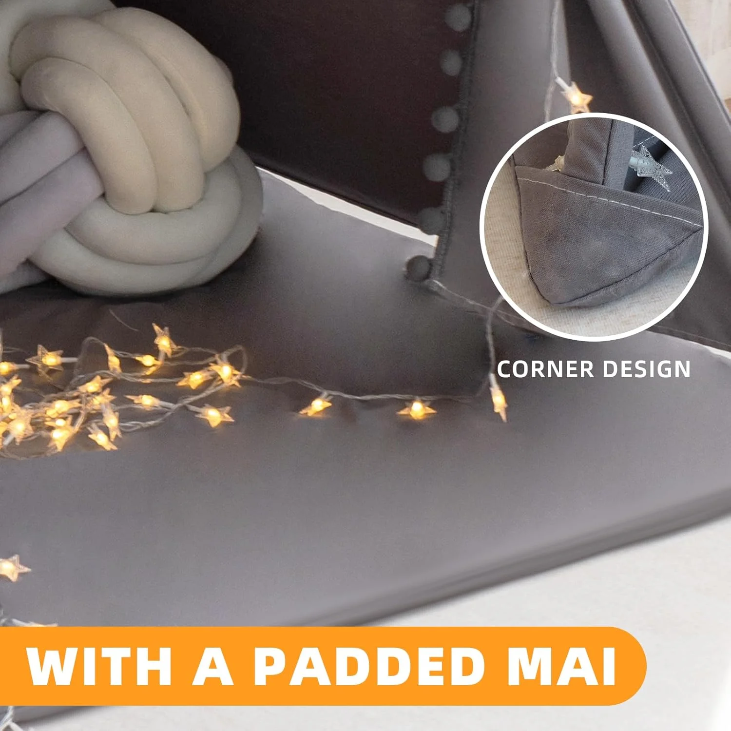 چادر تیپی RONGFA برای کودکان به همراه زیرانداز، چراغ های ستاره ای، کیف حمل، خانه بازی بوم پنبه ای، چادرهای تاشو، چادر بازی قابل حمل کودکان در فضای داخلی و خارجی (خاکستری)