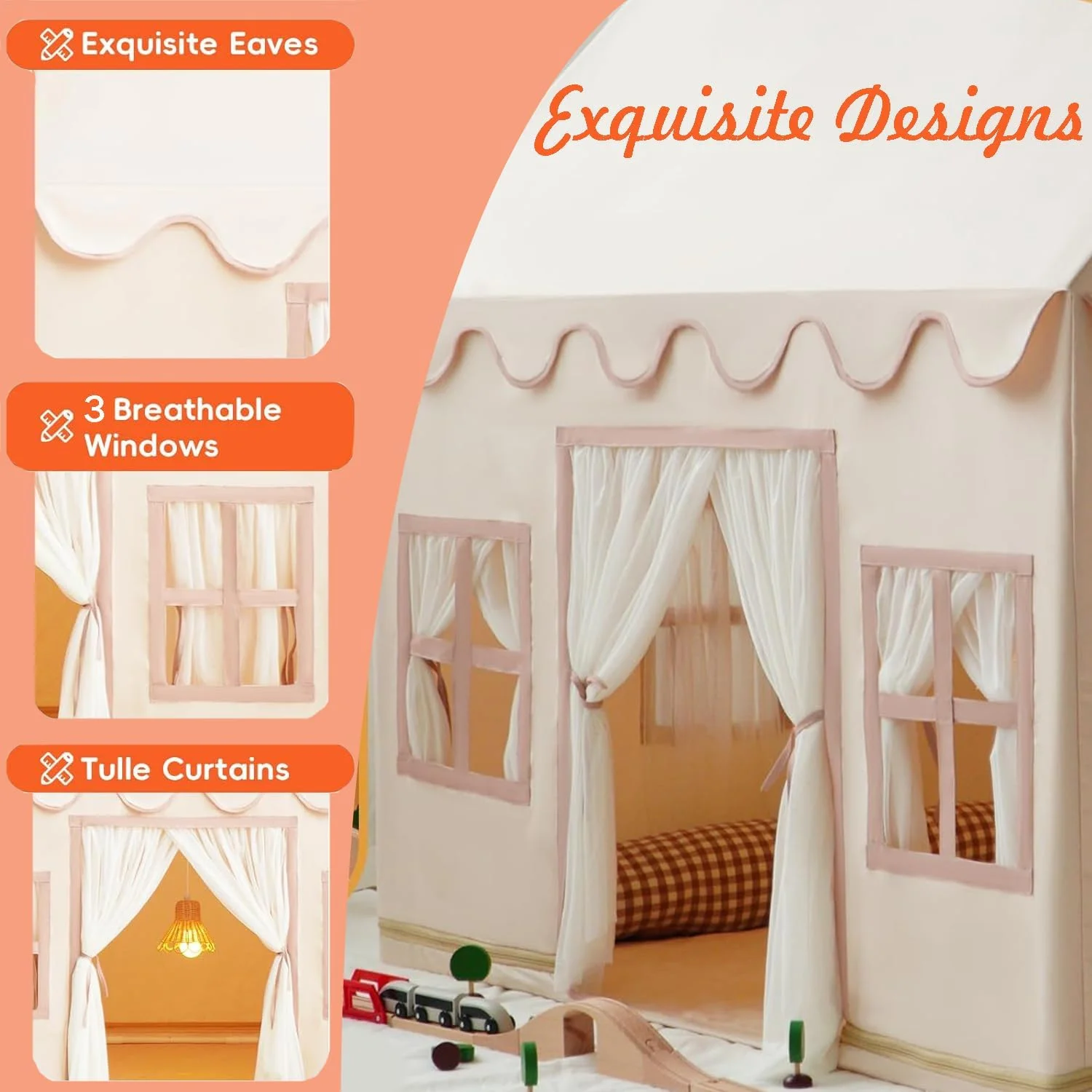 چادر بازی بزرگ کودکان QUEENADA مناسب فضای داخلی و خارجی - چادر بازی کودکان برای دختران و پسران، مناسب فضای داخلی و خارجی، خانه بازی با پنجره، قابل شستشو (بژ)