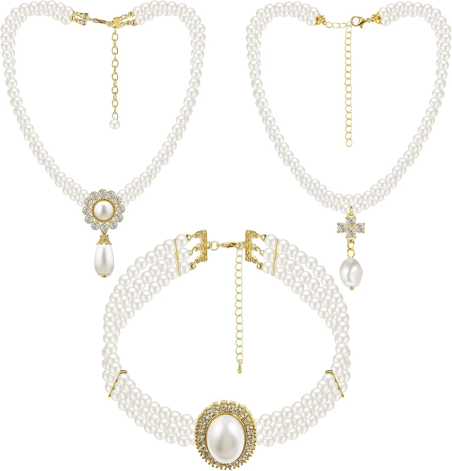 ست گردنبند چوکر 3 تکه نگین دار و مرواریدی Excefore، گردنبندهای آویز چوکر چند لایه سفید ضخیم برای جشن، عروسی و مهمانی