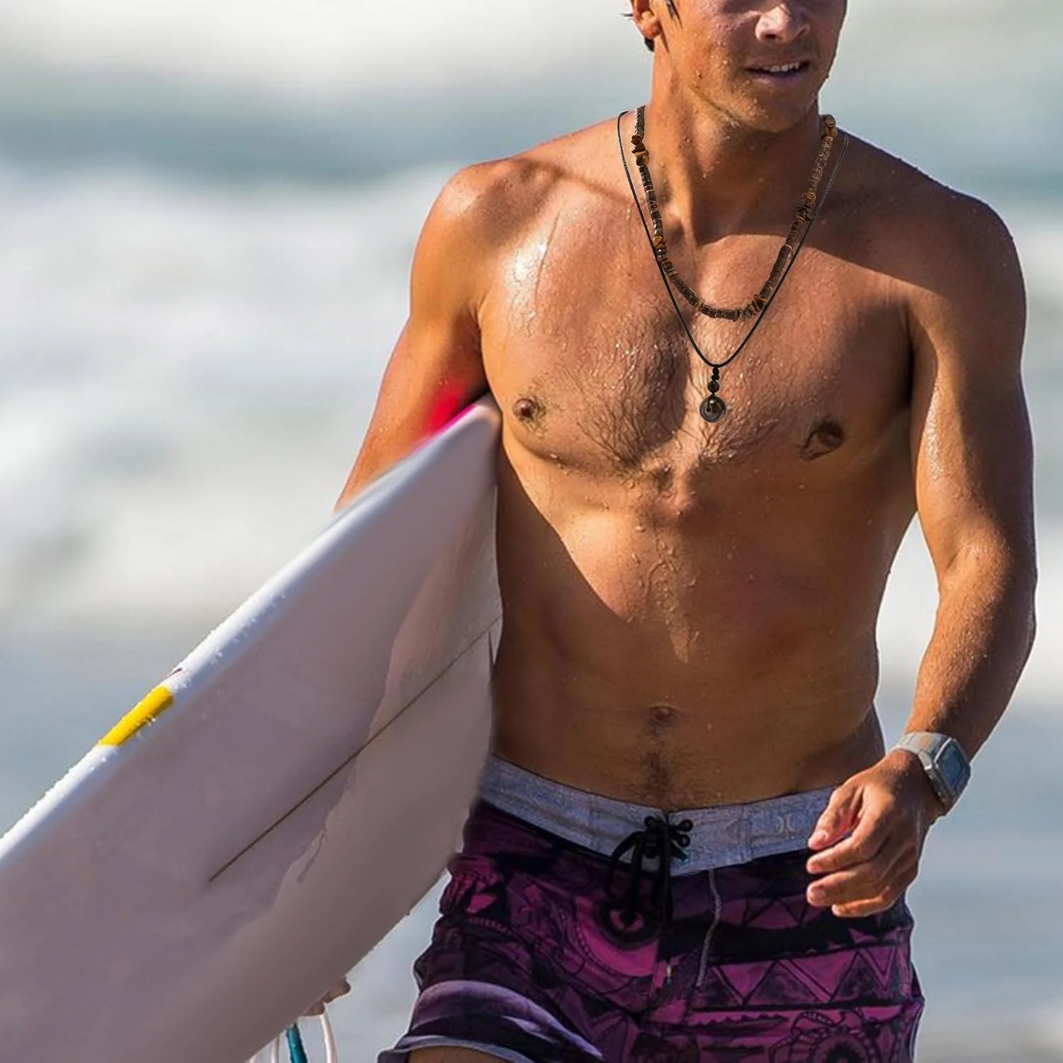 گردنبند پوکا شل لایه ای با مهره های چوبی نارگیل قهوه ای، جواهرات دست ساز بوهو موج سواری، اکسسوری ساحلی تابستانی برای مردان، گردنبند چوکر صدفی لایه ای طبیعی