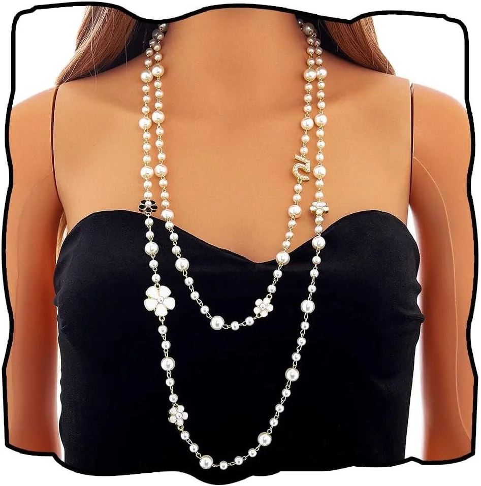 گردنبند مروارید بلند زنانه، گردنبند جذاب برای پلیور، گردنبند طرح گل و عدد 5 با روکش طلایی