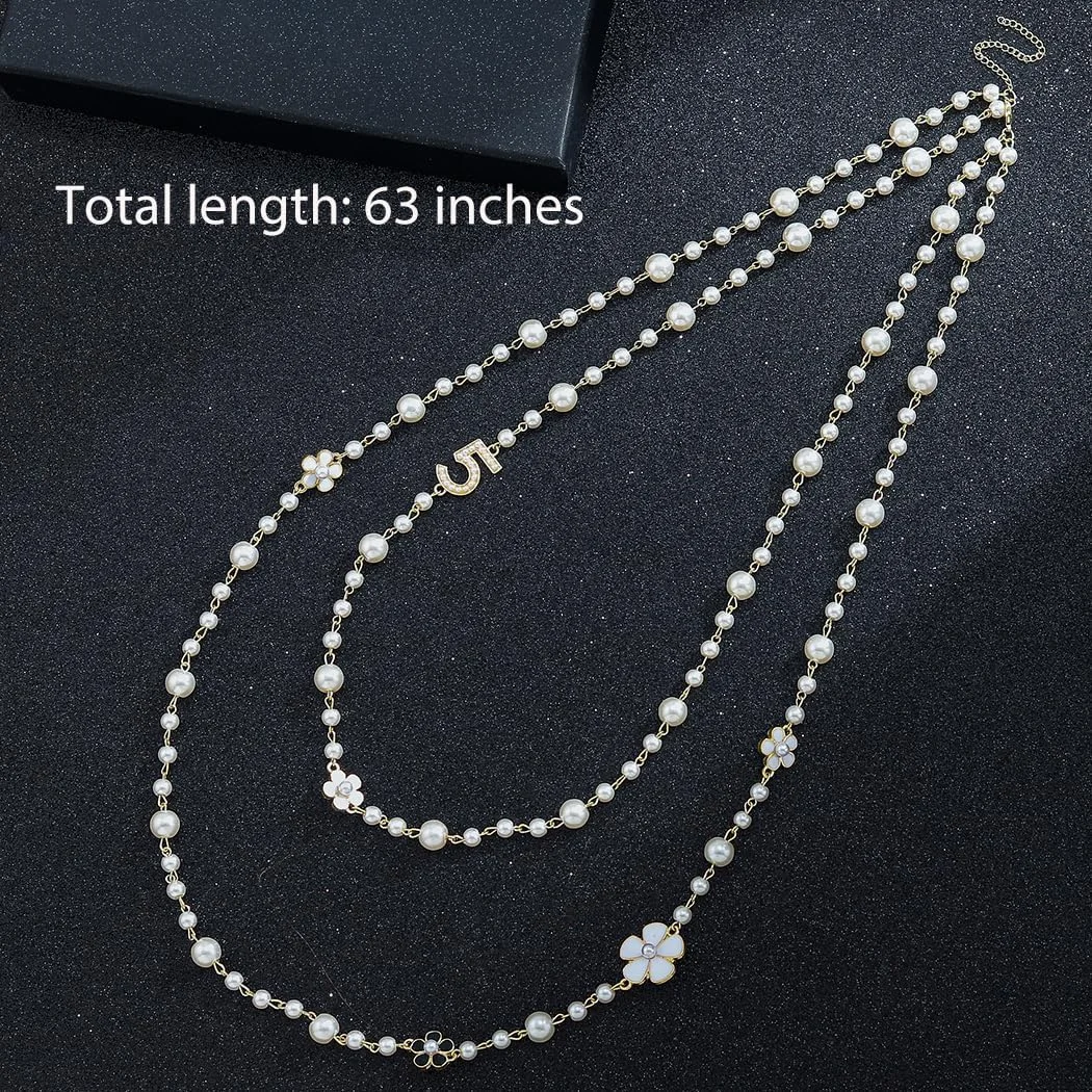 گردنبند مروارید بلند زنانه، گردنبند جذاب برای پلیور، گردنبند طرح گل و عدد 5 با روکش طلایی گردنبند مروارید بلند زنانه، گردنبند جذاب برای پلیور، گردنبند طرح گل و عدد 5 با روکش طلایی