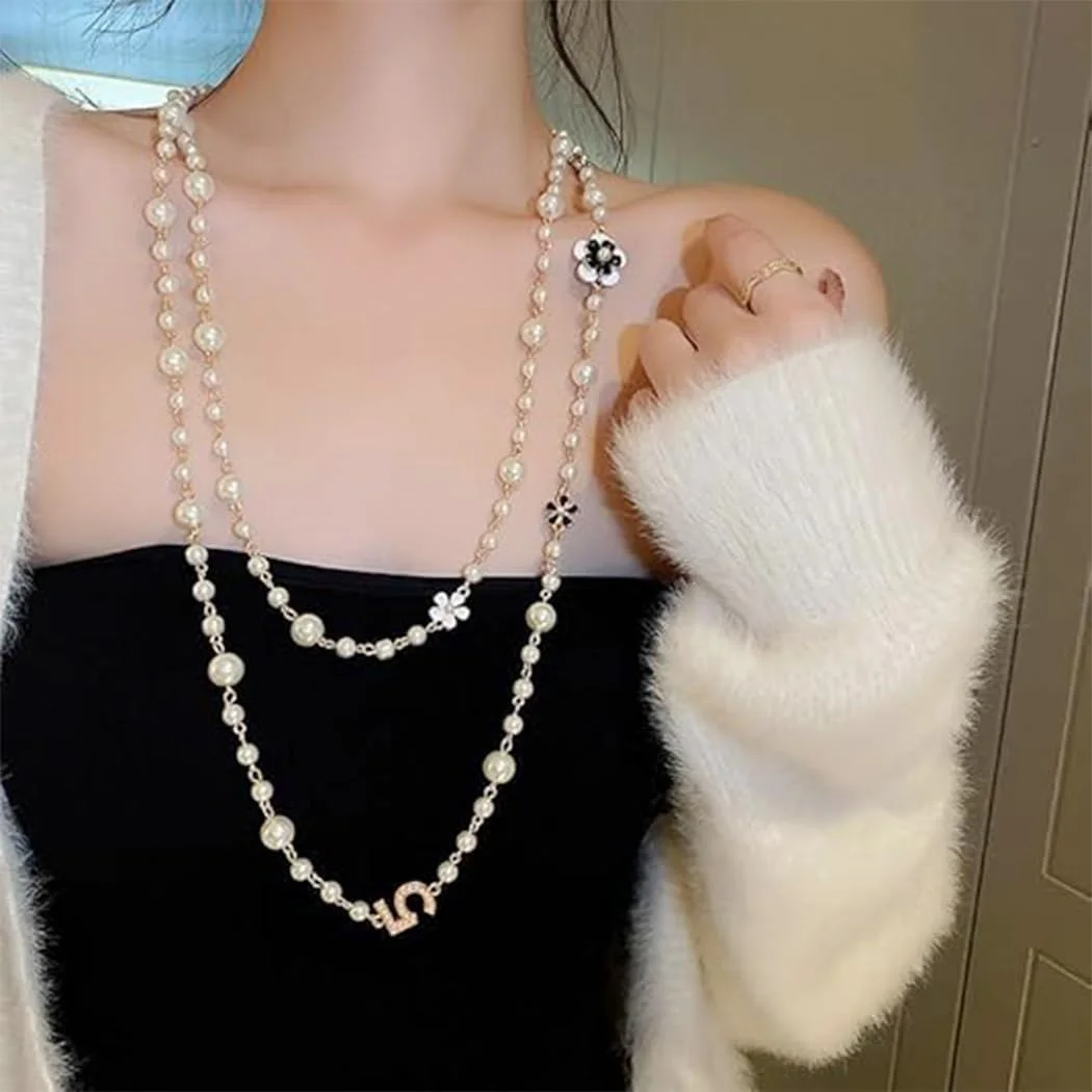 گردنبند مروارید بلند زنانه، گردنبند جذاب برای پلیور، گردنبند طرح گل و عدد 5 با روکش طلایی گردنبند مروارید بلند زنانه، گردنبند جذاب برای پلیور، گردنبند طرح گل و عدد 5 با روکش طلایی