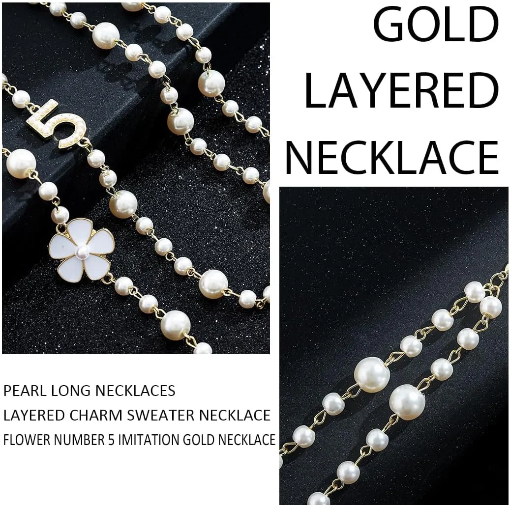 گردنبند مروارید بلند زنانه، گردنبند جذاب برای پلیور، گردنبند طرح گل و عدد 5 با روکش طلایی گردنبند مروارید بلند زنانه، گردنبند جذاب برای پلیور، گردنبند طرح گل و عدد 5 با روکش طلایی