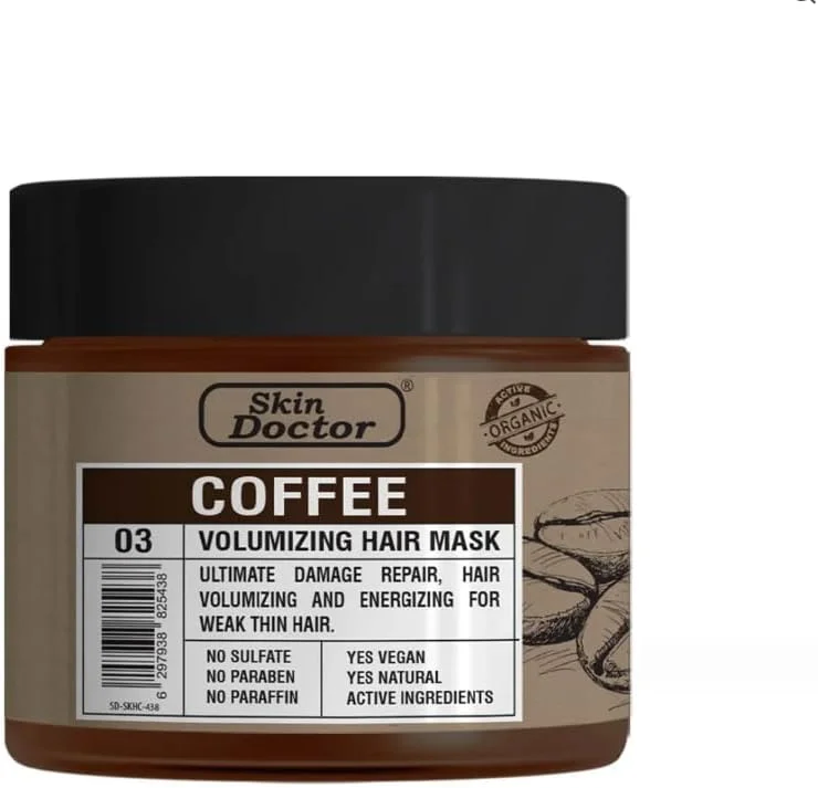 ماسک مو حجم دهنده قهوه Skin Doctor، 500 میلی لیتر، درمان موی طبیعی و وگان برای موهای ضعیف و نازک، بدون سولفات