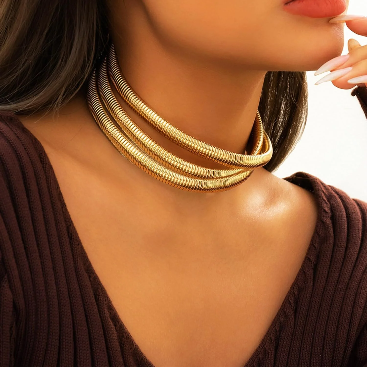 گردنبند چوکر استیل طلایی ضخیم Excefore - طراحی زنجیر ماری کشسان - گردنبند سه تایی طلایی ضد تیرگی برای زنان و دختران گردنبند چوکر استیل طلایی ضخیم Excefore - طراحی زنجیر ماری کشسان - گردنبند سه تایی طلایی ضد تیرگی برای زنان و دختران