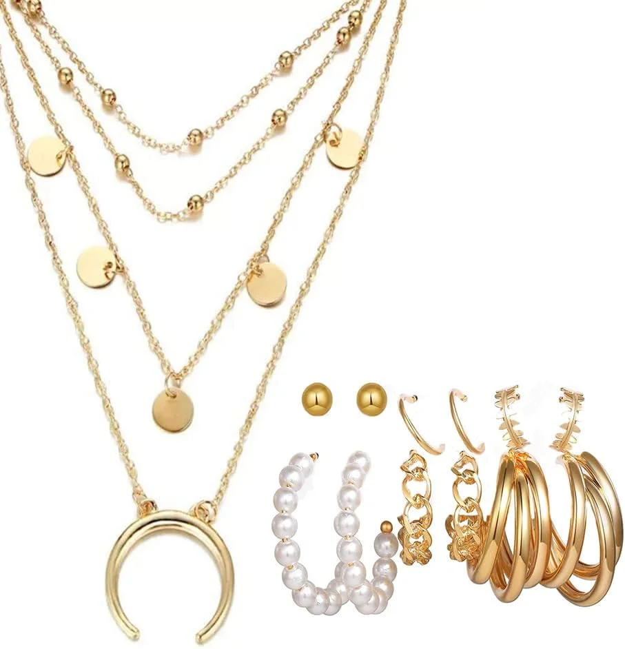 یوتبلا زیورآلات مد گردنبند و گوشواره روکش طلایی، ست زیورآلات زنانه و دخترانه (طلایی) (YBNK_50390)، متوسط، برنج، بدون سنگ قیمتی