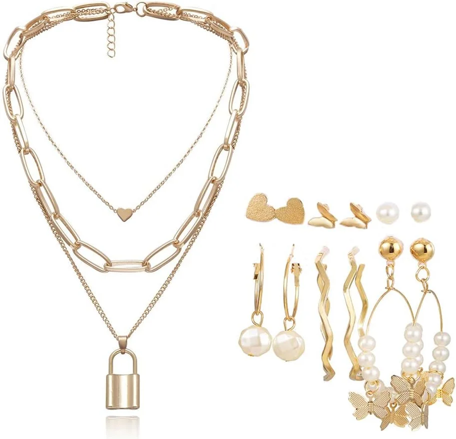 یوتبلا زیورآلات مد گردنبند و گوشواره با روکش طلا، ست زیورآلات ترکیبی برای دختران و زنان (طلایی) (YBNK_50395)، متوسط، برنجی، بدون سنگ قیمتی