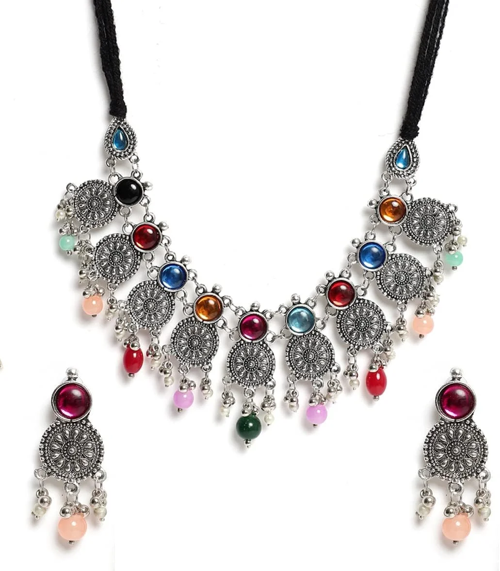 ست جواهرات نقره ای اکسید شده YouBella با گوشواره برای دختران و زنان (مدل 3)