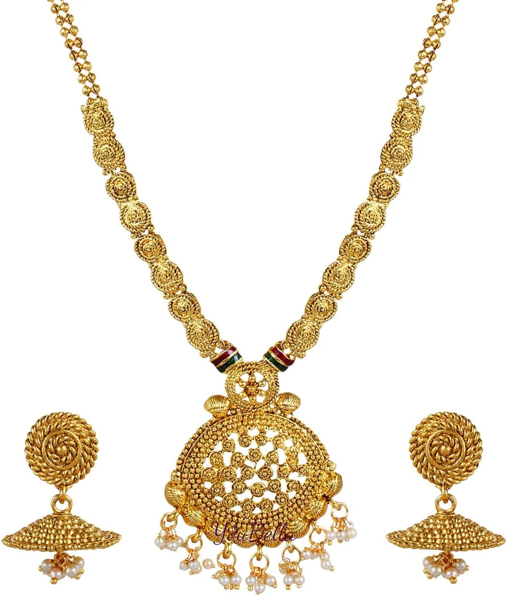 ست جواهرات زنانه YouBella، ست گردنبند طلاکاری شده با گوشواره، مناسب دختران/زنان، طلاکاری شده، مروارید