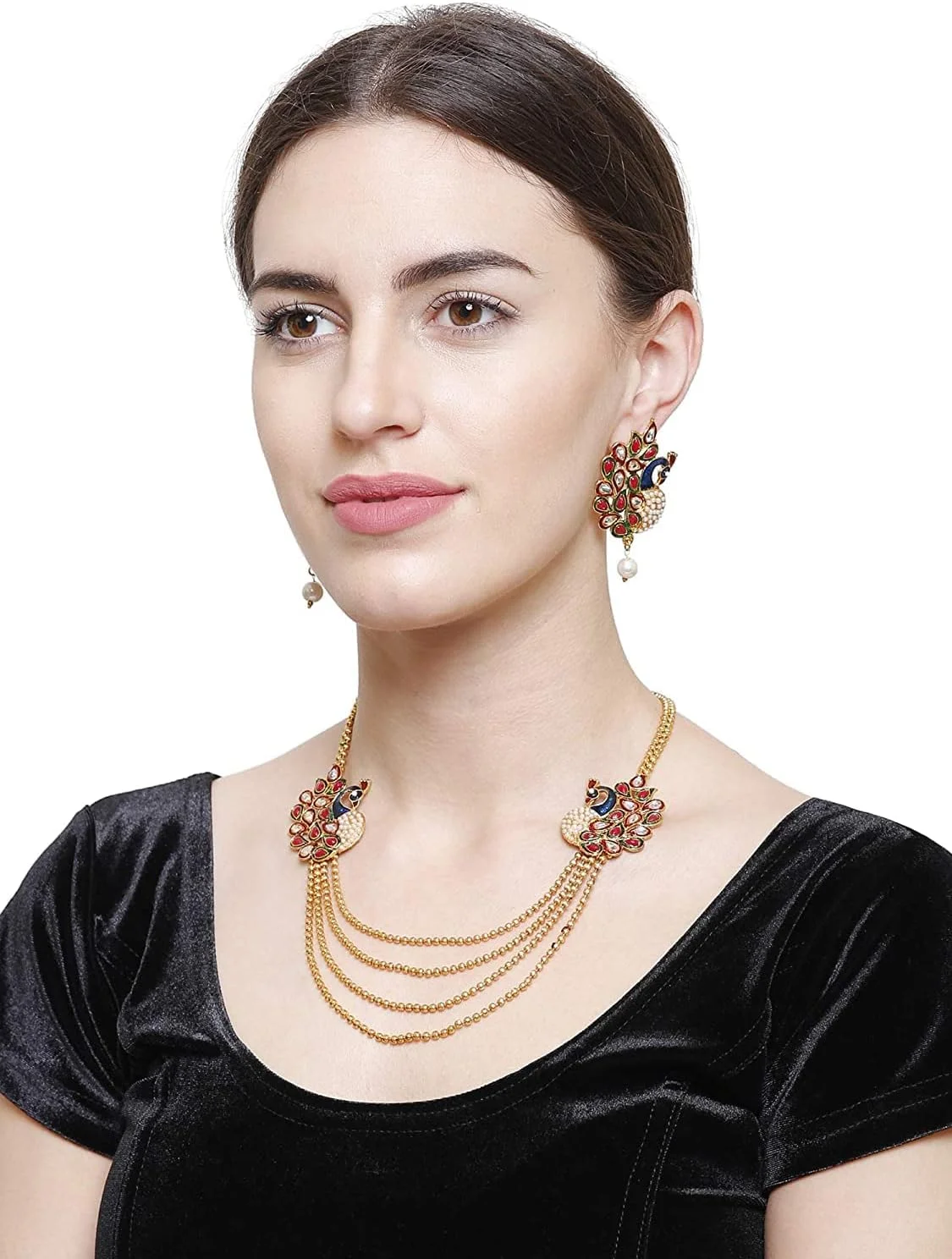 ست جواهرات زنانه YouBella، ست گردنبند طلاکاری شده با گوشواره و النگو، مناسب دختران/بانوان ست جواهرات زنانه YouBella، ست گردنبند طلاکاری شده با گوشواره و النگو، مناسب دختران/بانوان