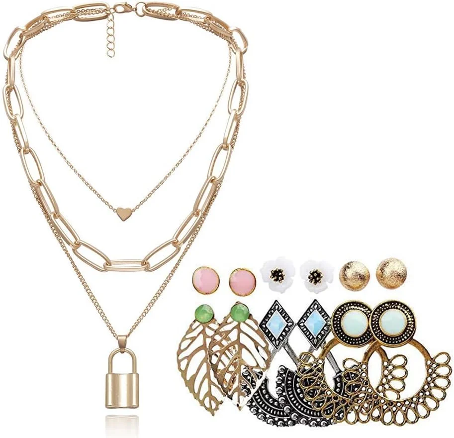 یوتبلا زیورآلات مد گردنبند و گوشواره با روکش طلا، ست زیورآلات ترکیبی برای دختران و زنان (طلایی) (YBNK_50351)، متوسط، برنج، بدون سنگ قیمتی